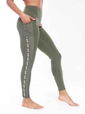 Olive Green High-Waist Leggings with Side Pocket and Love Stripe